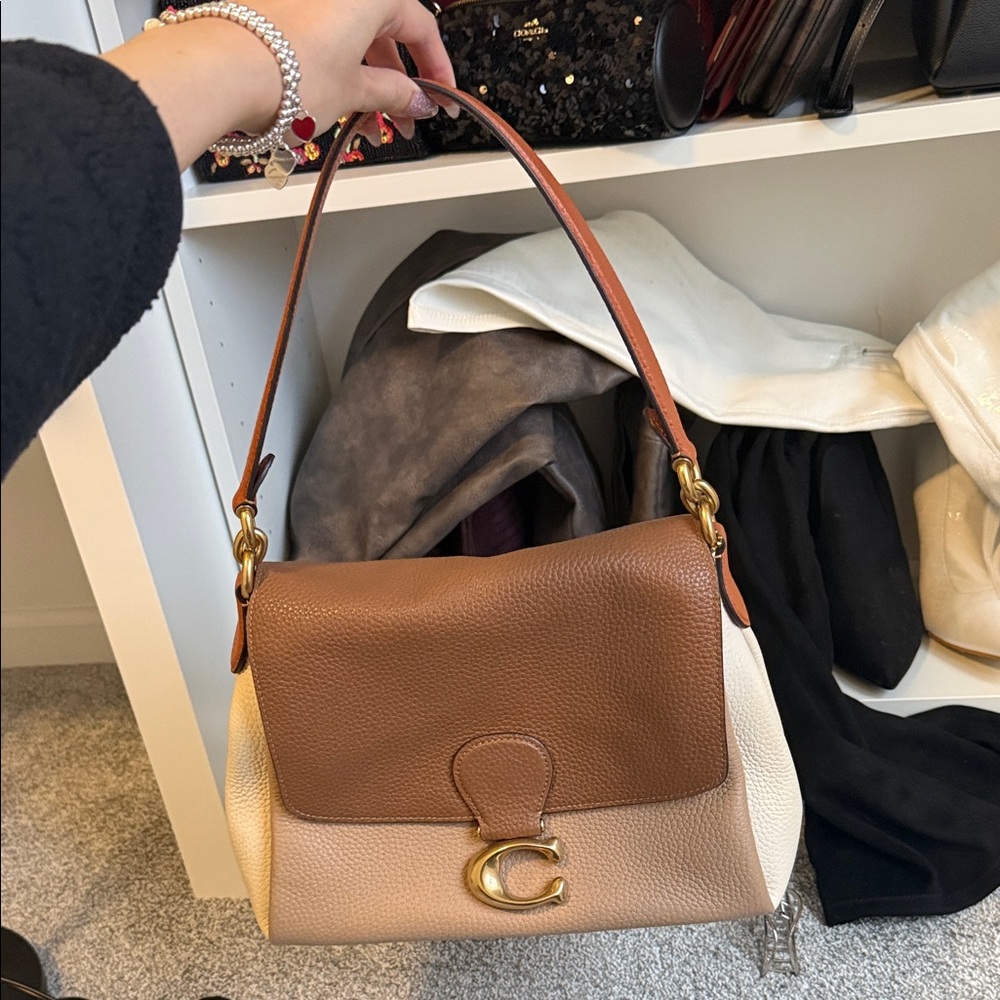 Coach Two-Tone Brown and Cream Pebbled Leather Shoulder Bag